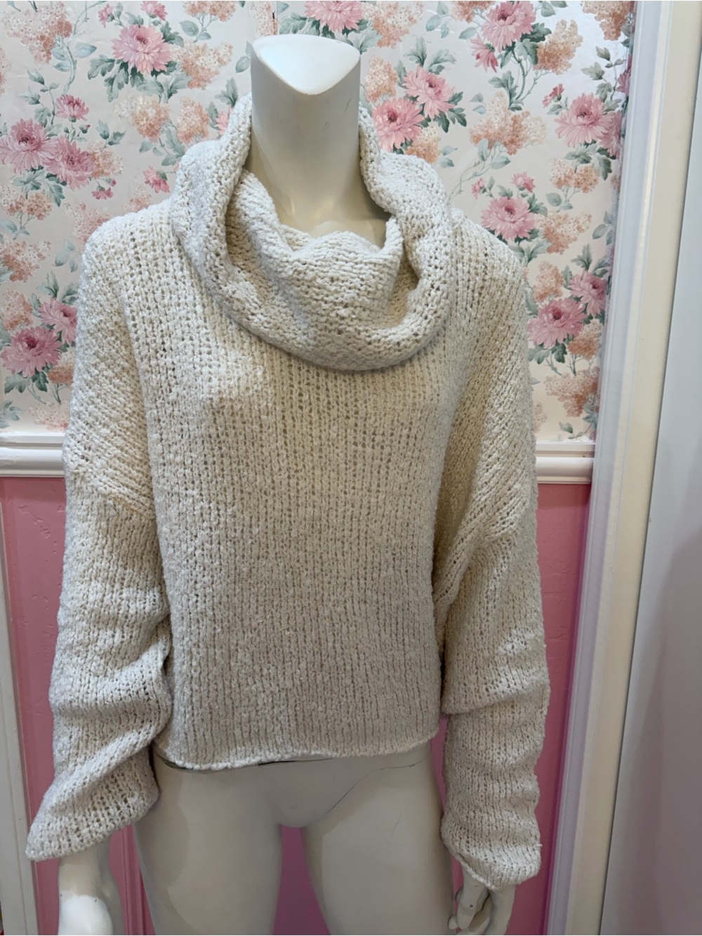 Free People Cream Cowl Neck Knit Sweater